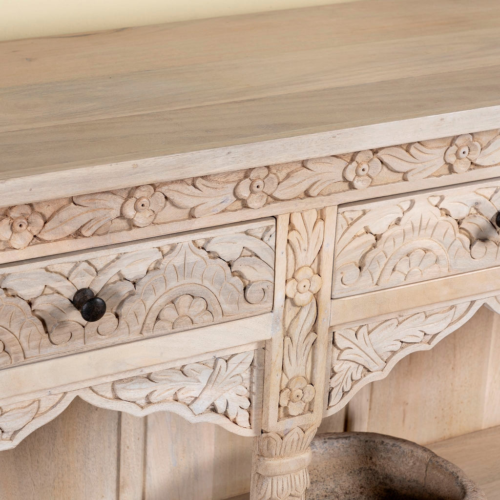 Shalena Hand-Carved Mango Wood Console Table with Arched Open Shelves - DOBRI ARTS AU