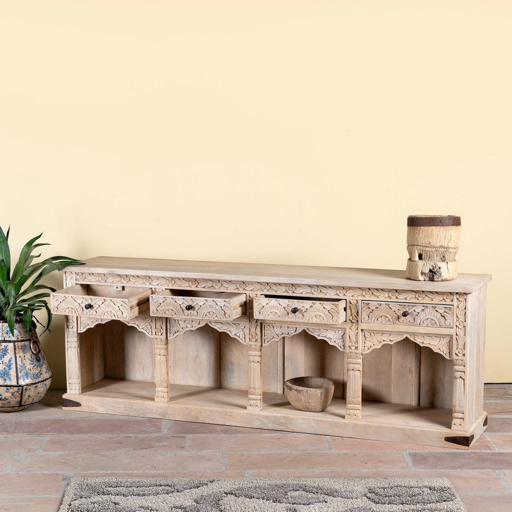 Shalena Hand-Carved Mango Wood Console Table with Arched Open Shelves - DOBRI ARTS AU