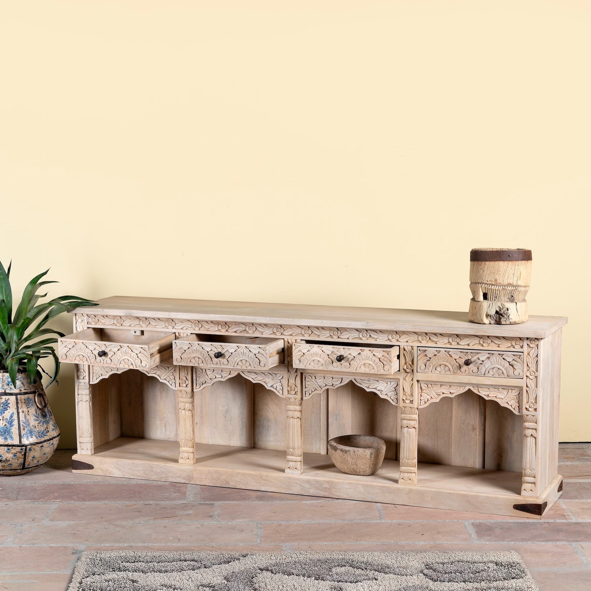 Shalena Hand-Carved Mango Wood Console Table with Arched Open Shelves - DOBRI ARTS AU