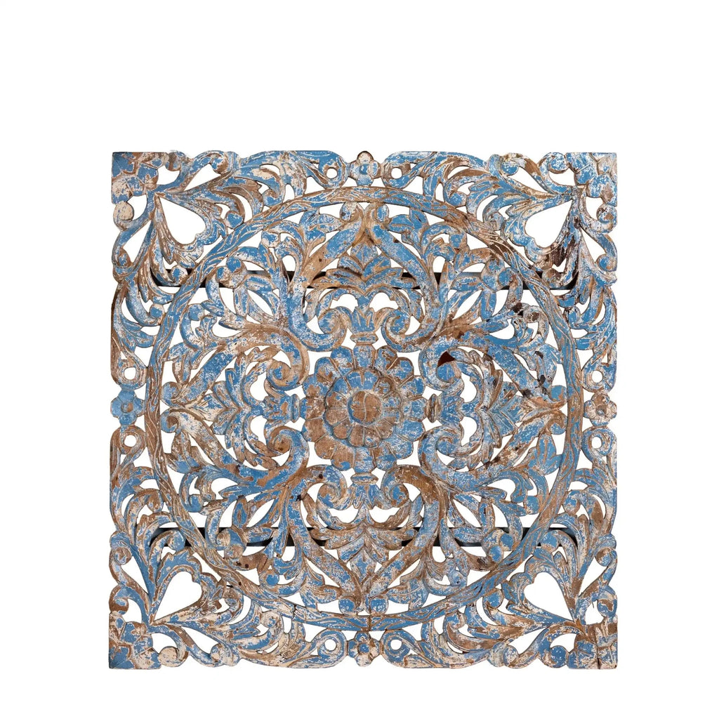 Shaya Distressed Blue Mango Wood Carved Wall Panel - DOBRI ARTS AU