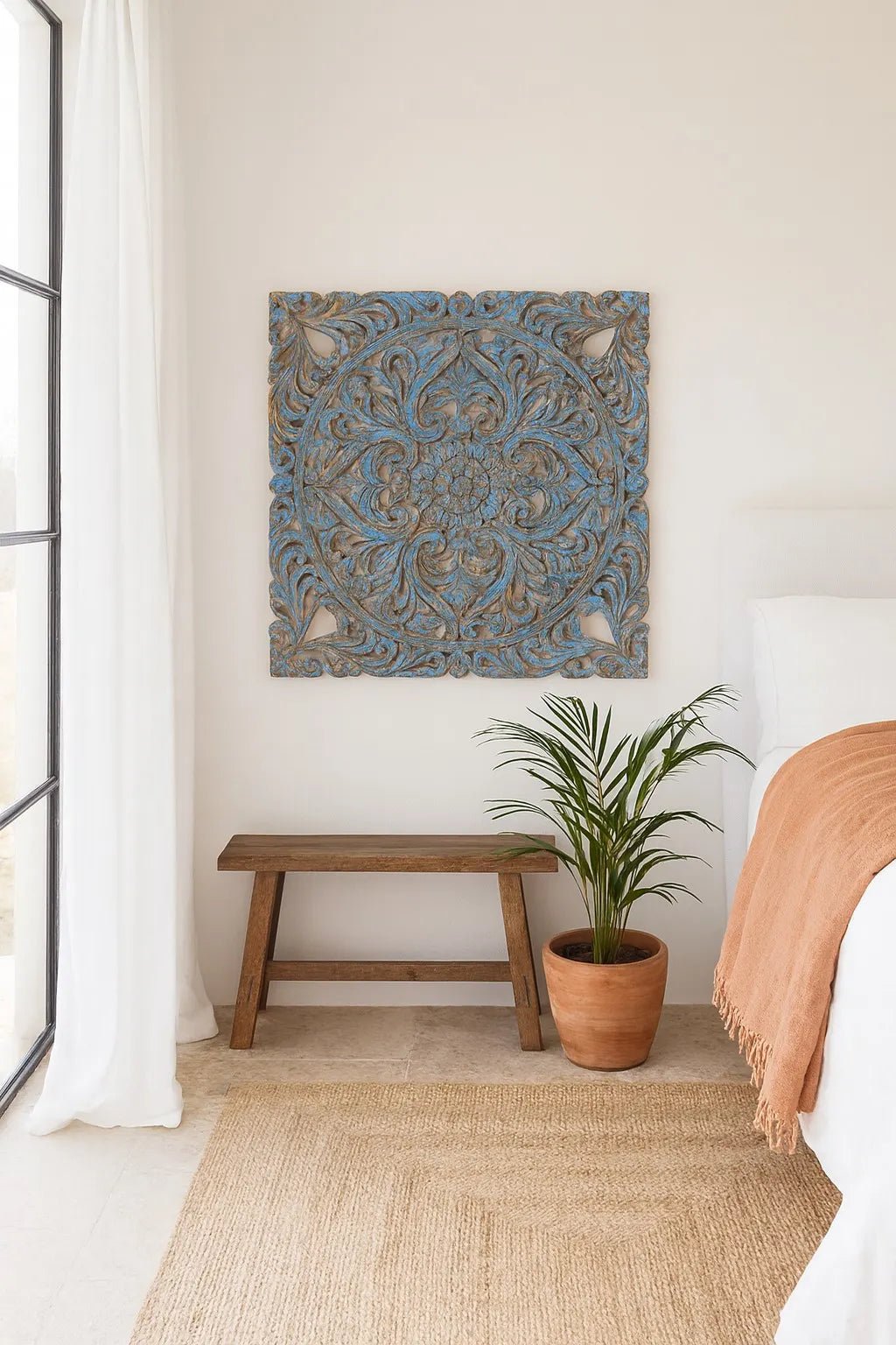 Shaya Distressed Blue Mango Wood Carved Wall Panel - DOBRI ARTS AU
