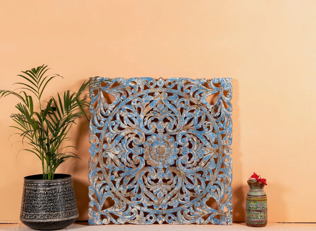 Shaya Distressed Blue Mango Wood Carved Wall Panel - DOBRI ARTS AU