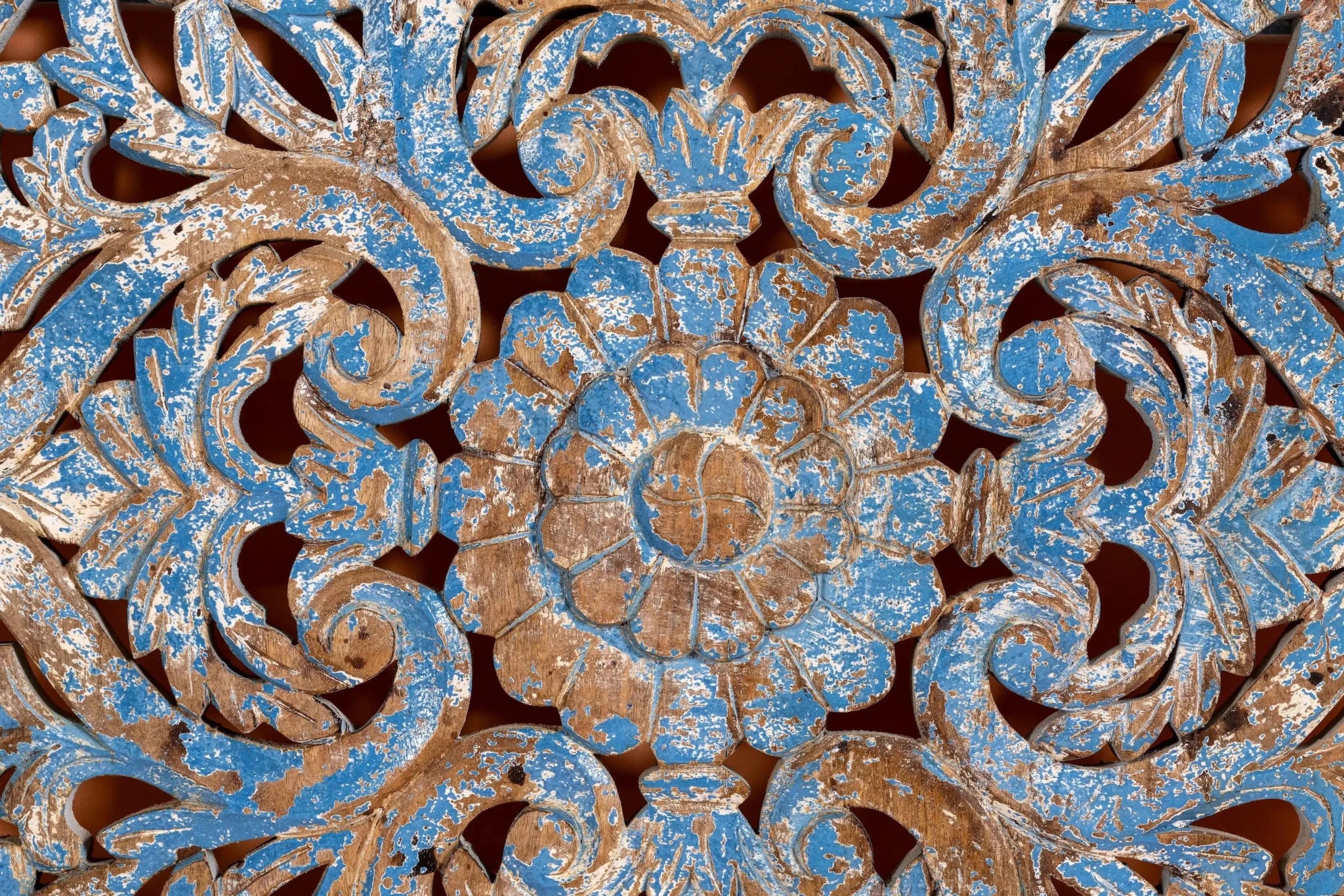 Shaya Distressed Blue Mango Wood Carved Wall Panel - DOBRI ARTS AU