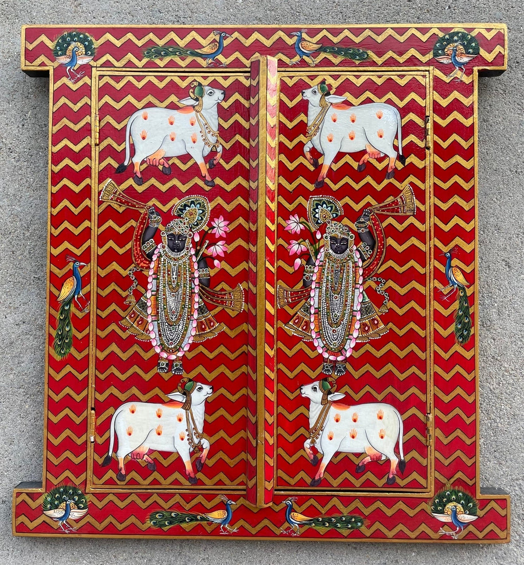 Shreenathji Hand-Painted Devotional Wooden Shrine Panel - DOBRI ARTS AU