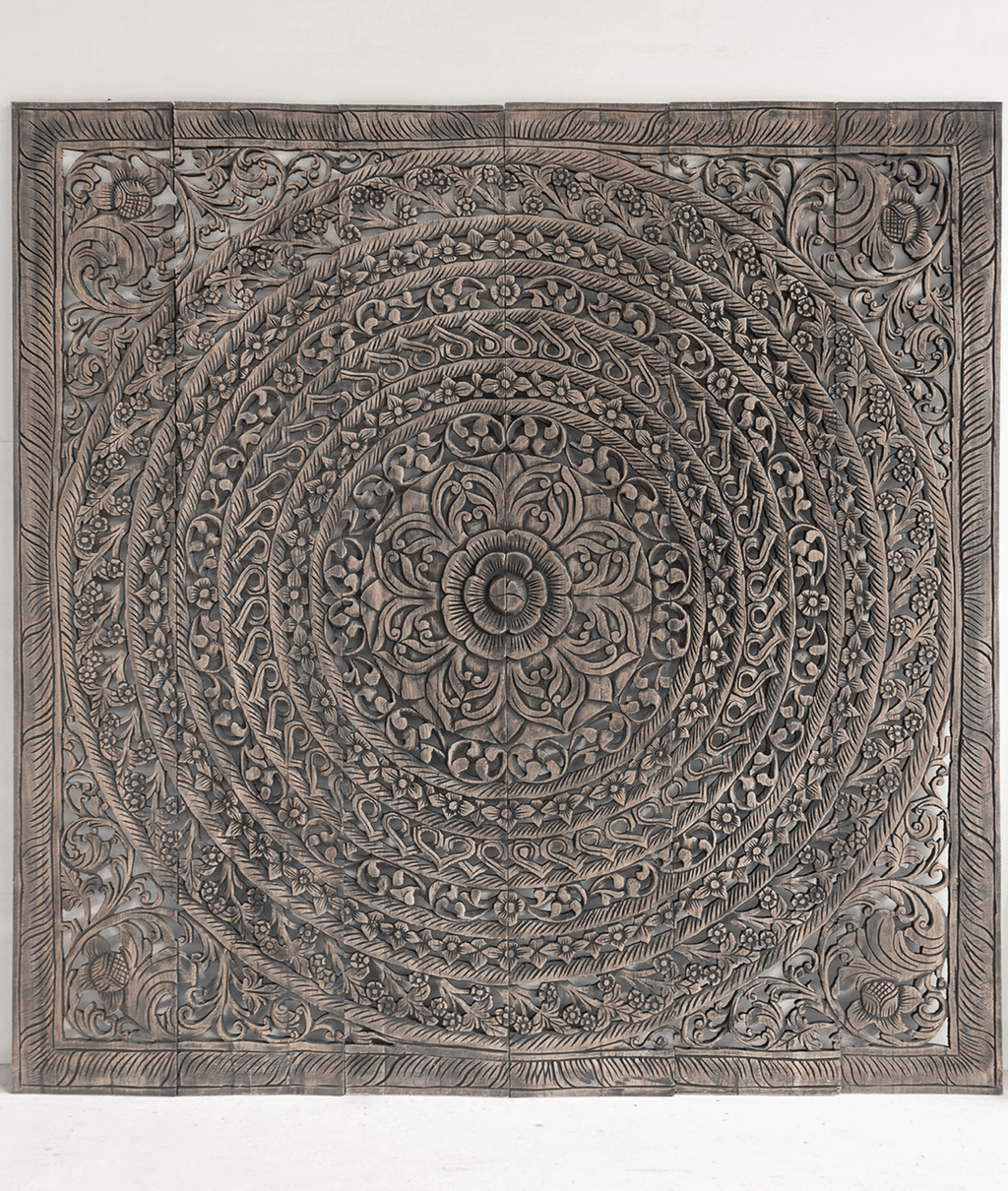 Smoke Grey Hand Carved Mango Wood Headboard – Ornate Mandala Wall Panel with Distressed Finish - DOBRI ARTS AU