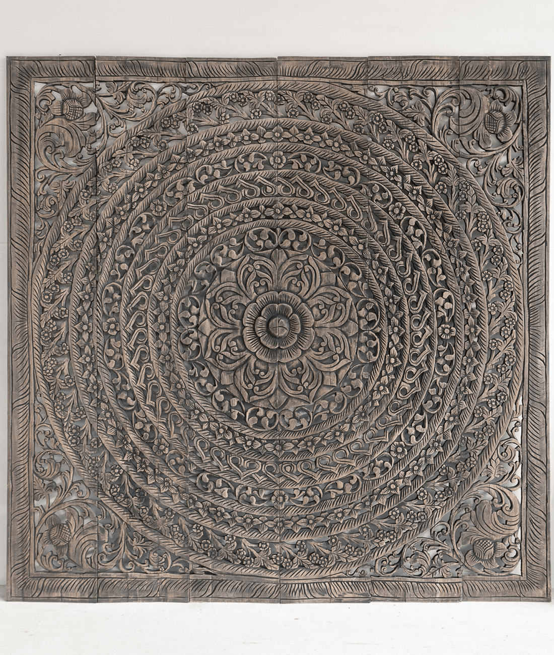 Smoke Grey Hand Carved Mango Wood Headboard – Ornate Mandala Wall Panel with Distressed Finish - DOBRI ARTS AU