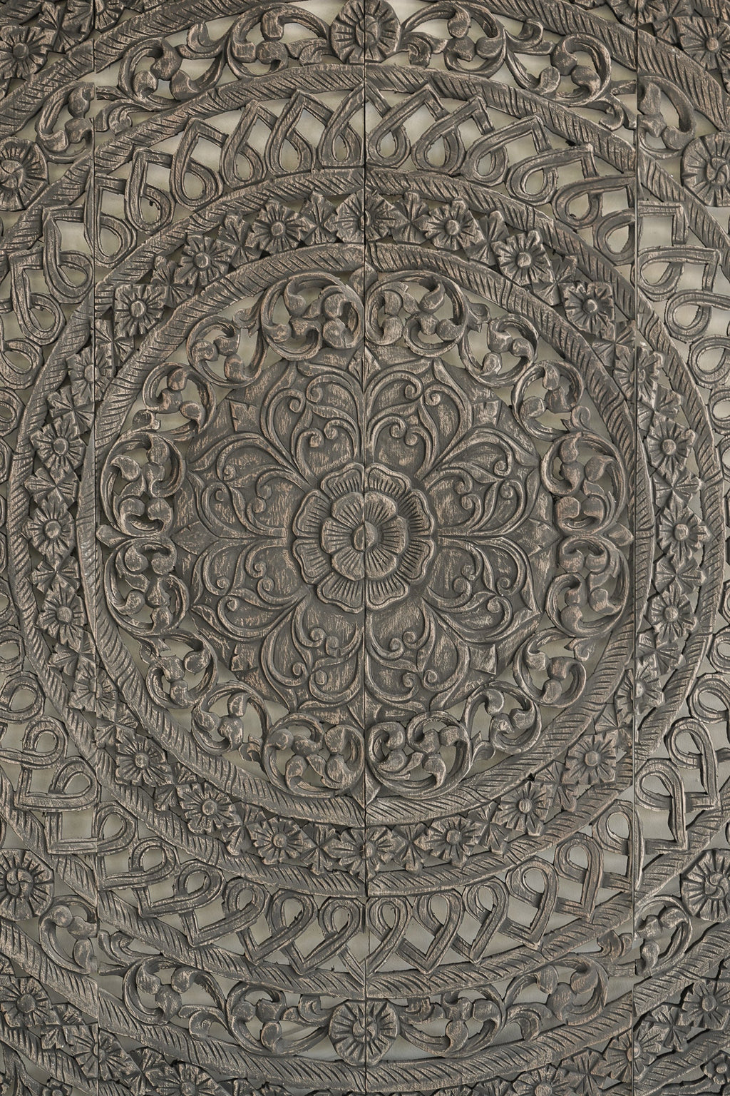 Smoke Grey Hand Carved Mango Wood Headboard – Ornate Mandala Wall Panel with Distressed Finish - DOBRI ARTS AU