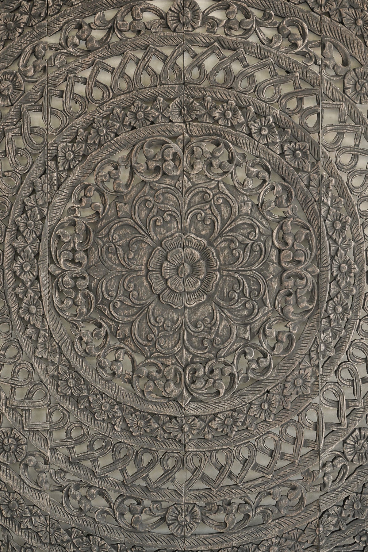 Smoke Grey Hand Carved Mango Wood Headboard – Ornate Mandala Wall Panel with Distressed Finish - DOBRI ARTS AU