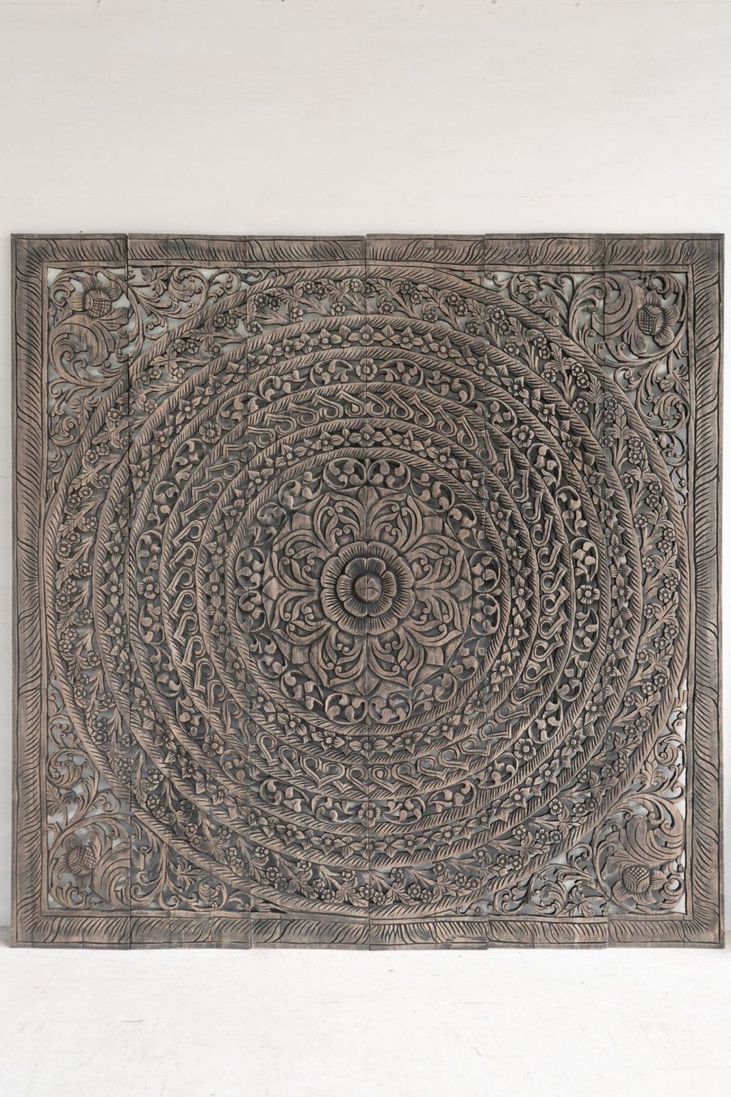 Smoke Grey Hand Carved Mango Wood Headboard – Ornate Mandala Wall Panel with Distressed Finish - DOBRI ARTS AU