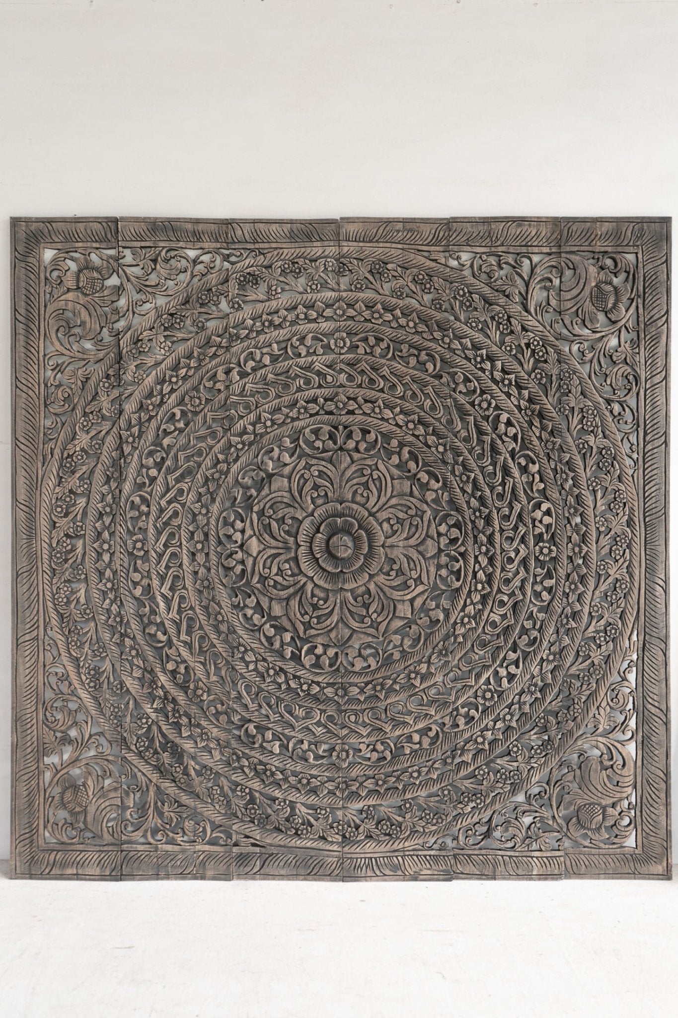 Smoke Grey Hand Carved Mango Wood Headboard – Ornate Mandala Wall Panel with Distressed Finish - DOBRI ARTS AU