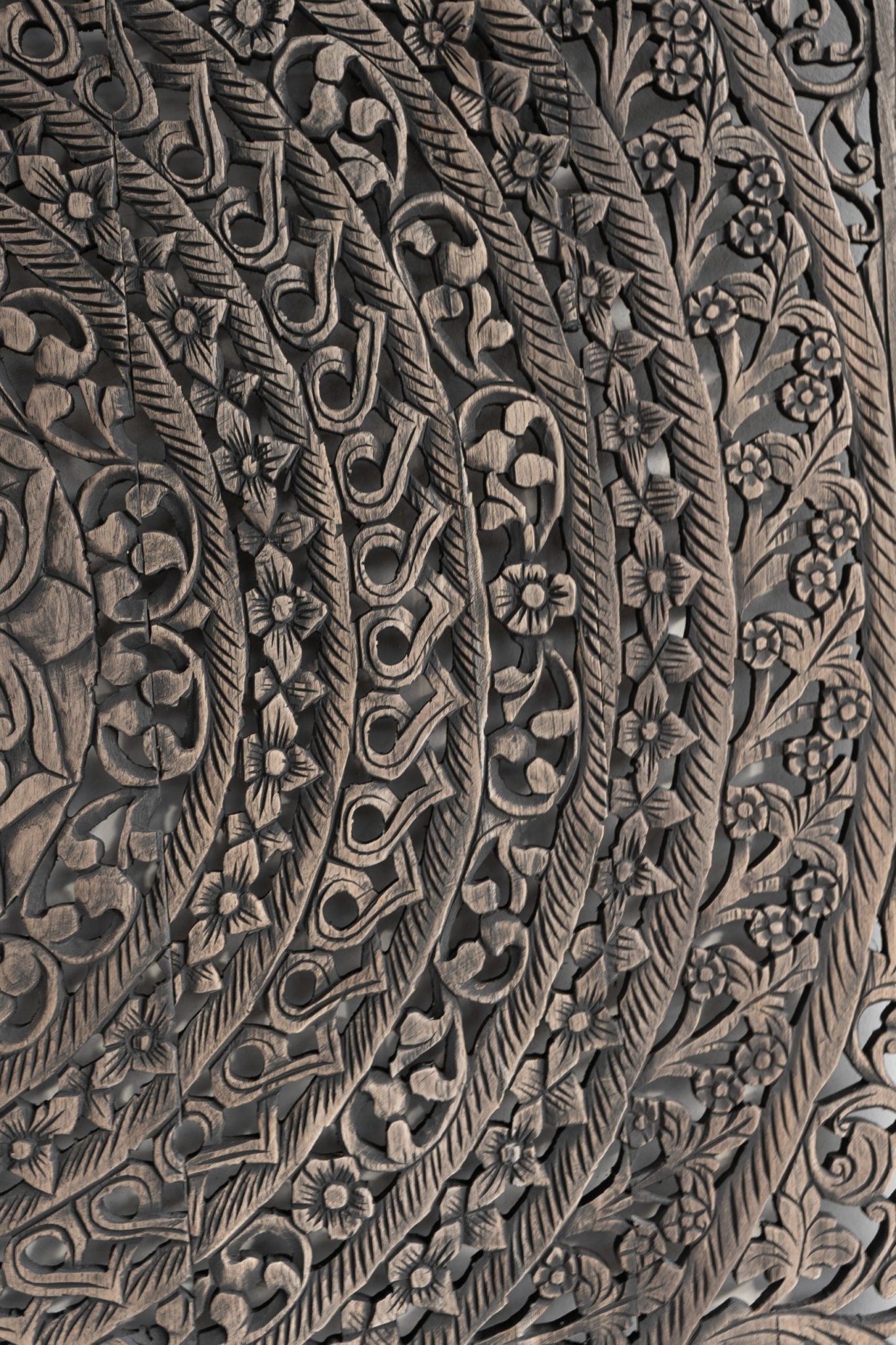 Smoke Grey Hand Carved Mango Wood Headboard – Ornate Mandala Wall Panel with Distressed Finish - DOBRI ARTS AU
