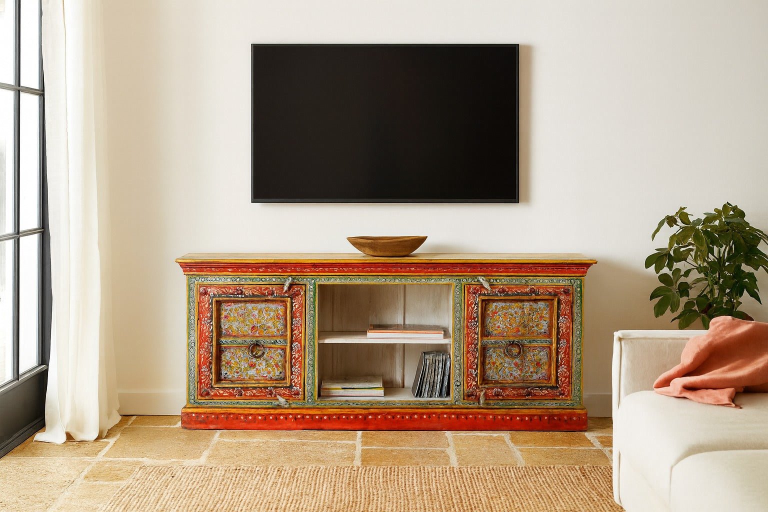 Sneha Hand-Painted Reclaimed Wood TV Lowboard with Floral Doors - DOBRI ARTS AU