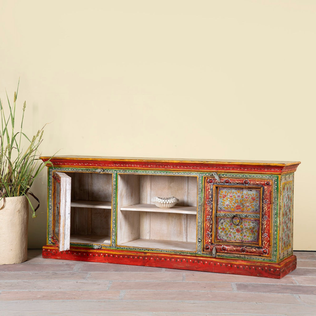 Sneha Hand-Painted Reclaimed Wood TV Lowboard with Floral Doors - DOBRI ARTS AU