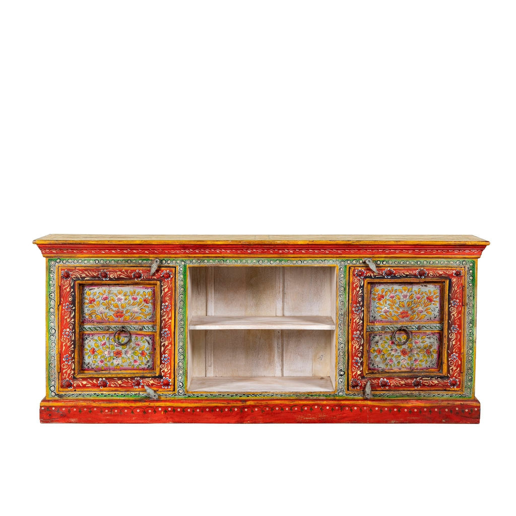 Sneha Hand-Painted Reclaimed Wood TV Lowboard with Floral Doors - DOBRI ARTS AU