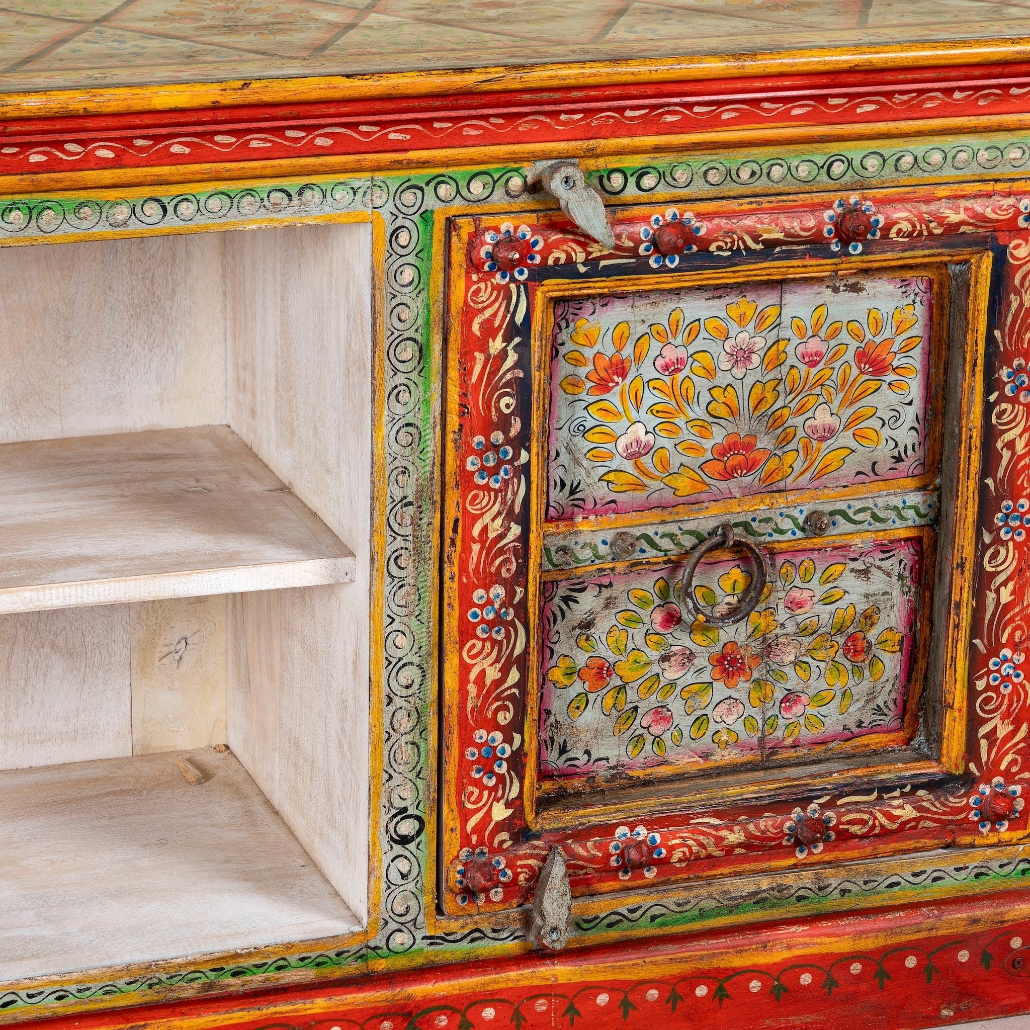 Sneha Hand-Painted Reclaimed Wood TV Lowboard with Floral Doors - DOBRI ARTS AU