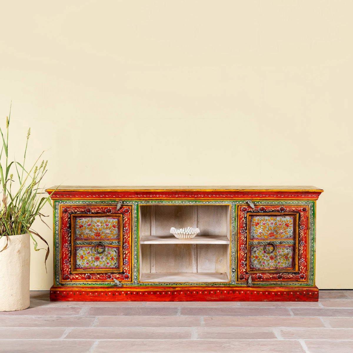 Sneha Hand-Painted Reclaimed Wood TV Lowboard with Floral Doors - DOBRI ARTS AU