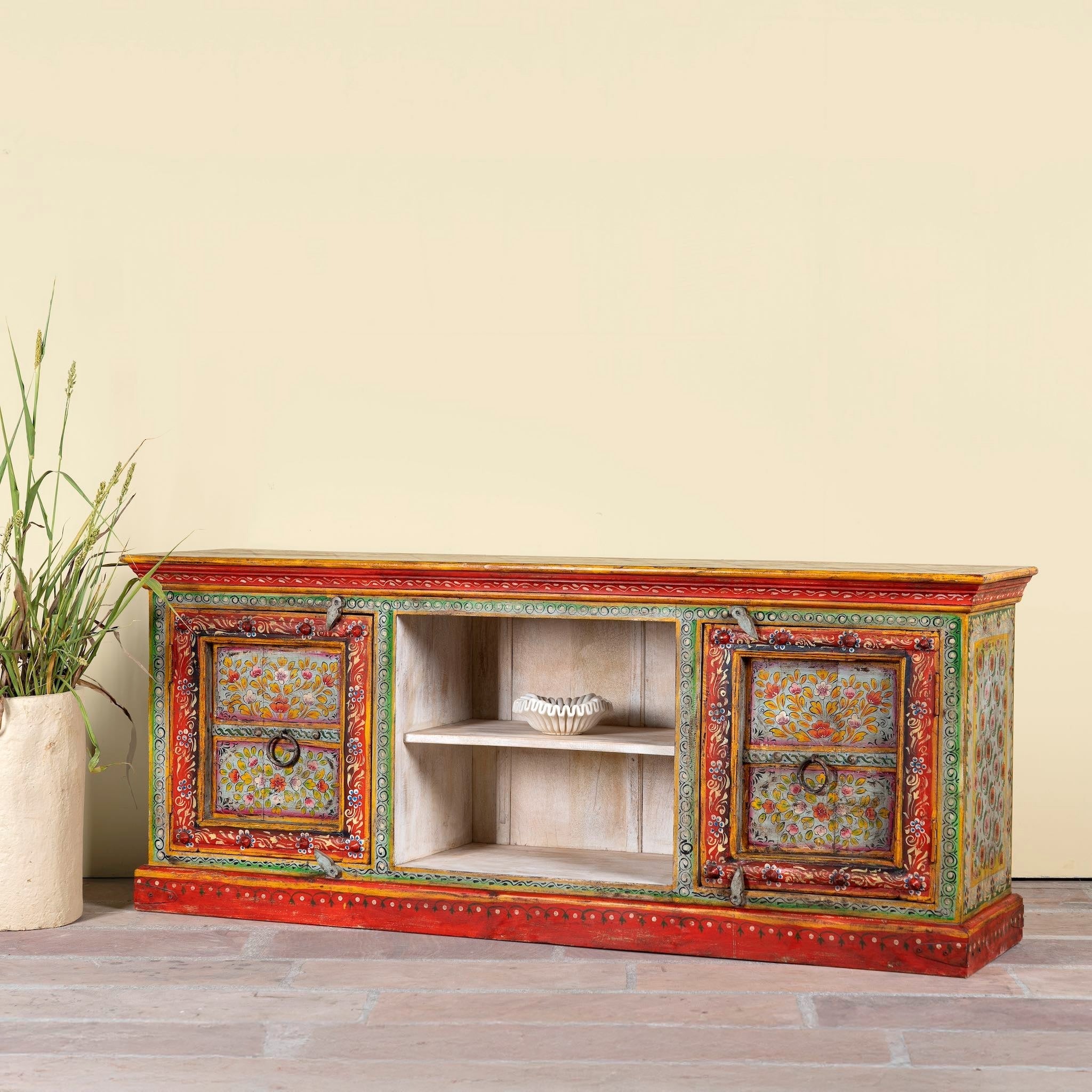 Sneha Hand-Painted Reclaimed Wood TV Lowboard with Floral Doors - DOBRI ARTS AU
