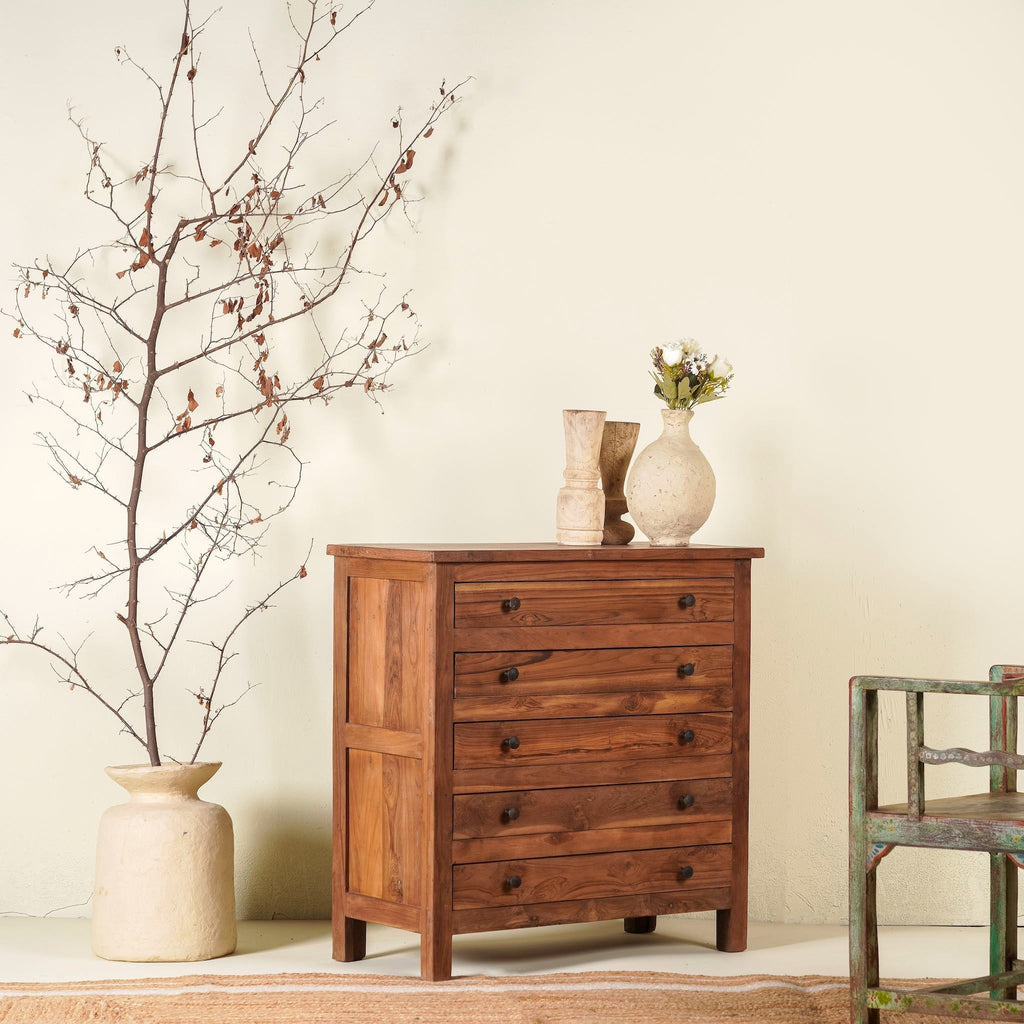 Solid Wood Five-Drawer Storage Chest in Natural Finish - DOBRI ARTS AU