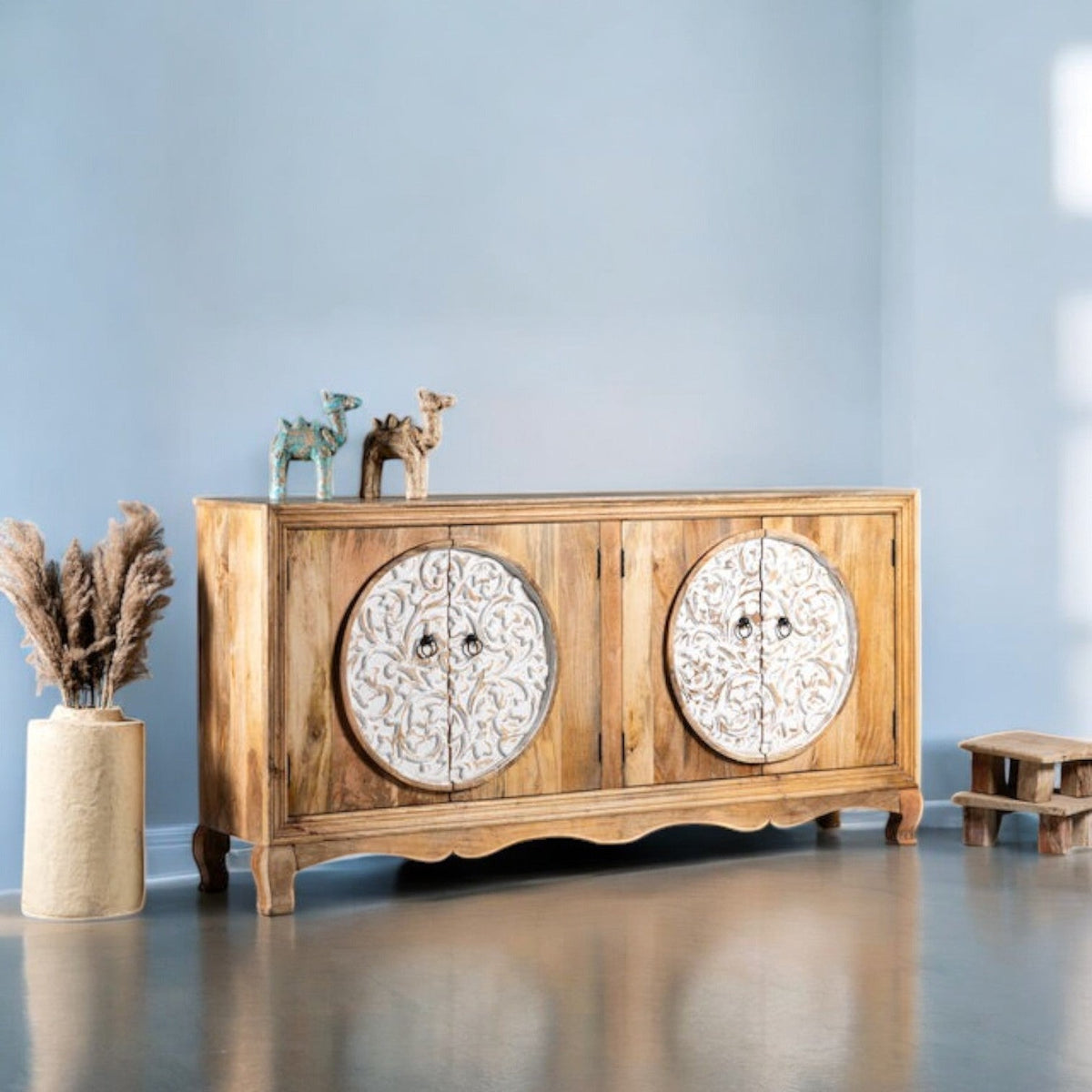 Solid Wood Sideboard with Dual Hand-Carved White Medallion Doors - DOBRI ARTS AU