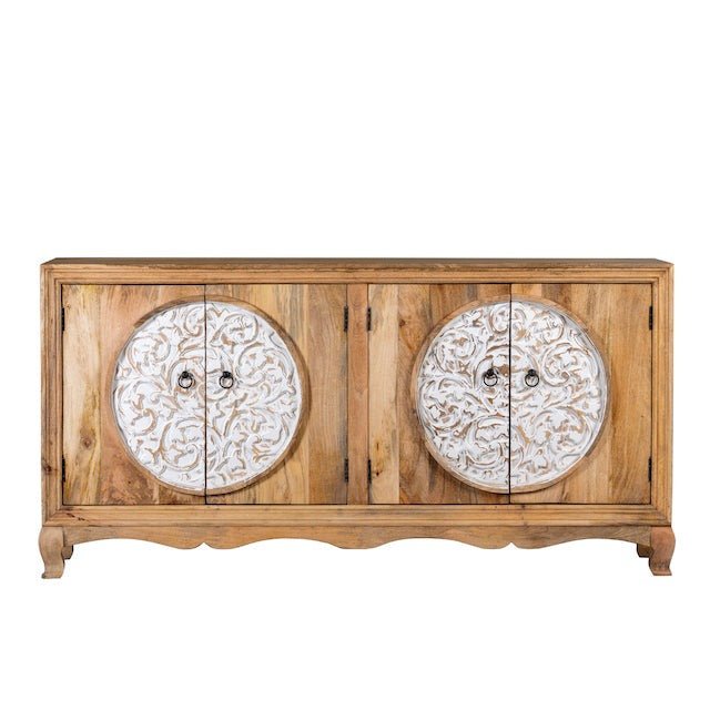 Solid Wood Sideboard with Dual Hand-Carved White Medallion Doors - DOBRI ARTS AU