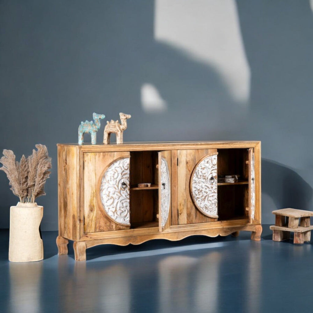 Solid Wood Sideboard with Dual Hand-Carved White Medallion Doors - DOBRI ARTS AU