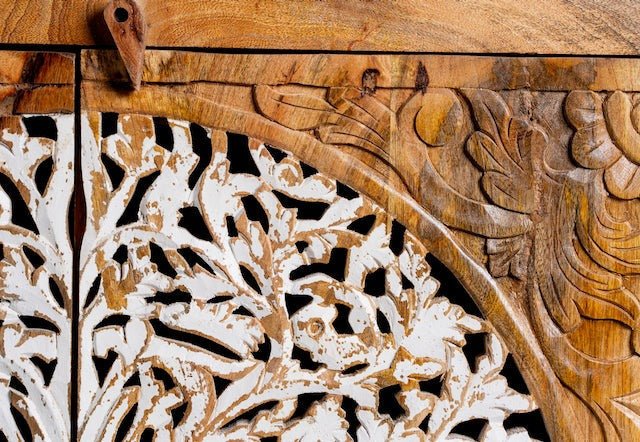 Solid Wood Sideboard with Dual Hand-Carved White Tree Medallion Doors - DOBRI ARTS AU