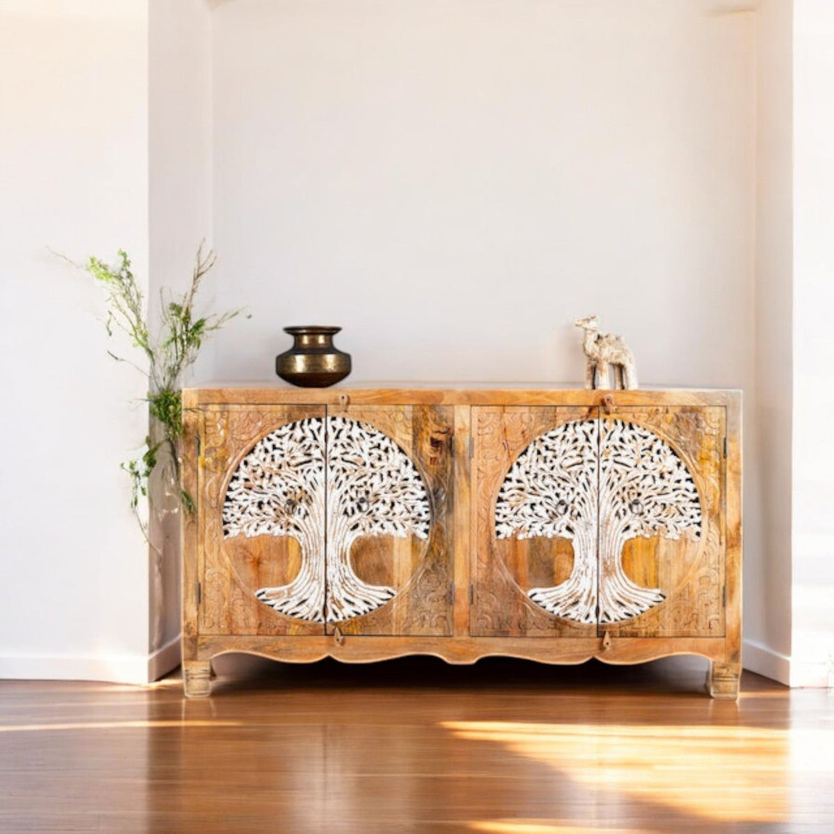 Solid Wood Sideboard with Dual Hand-Carved White Tree Medallion Doors - DOBRI ARTS AU