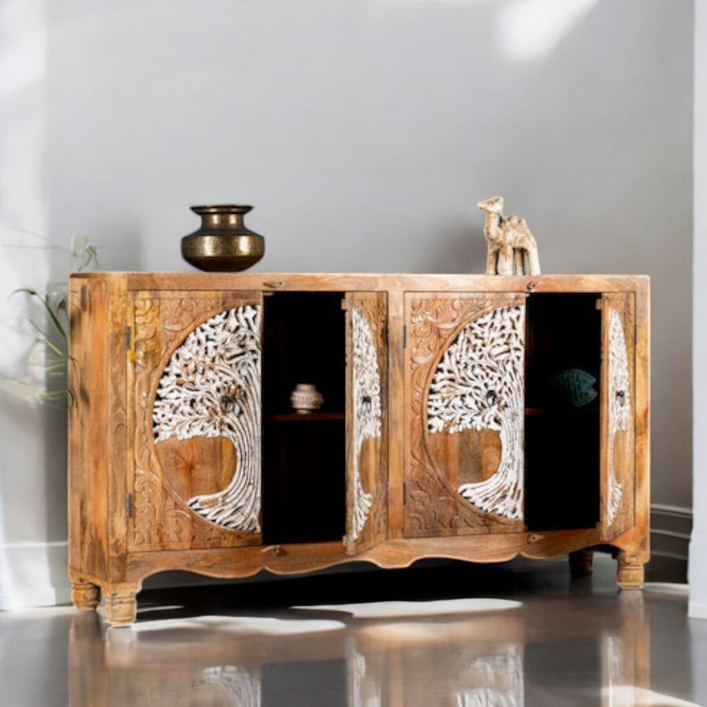 Solid Wood Sideboard with Dual Hand-Carved White Tree Medallion Doors - DOBRI ARTS AU
