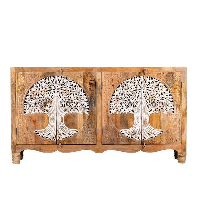 Solid Wood Sideboard with Dual Hand-Carved White Tree Medallion Doors - DOBRI ARTS AU