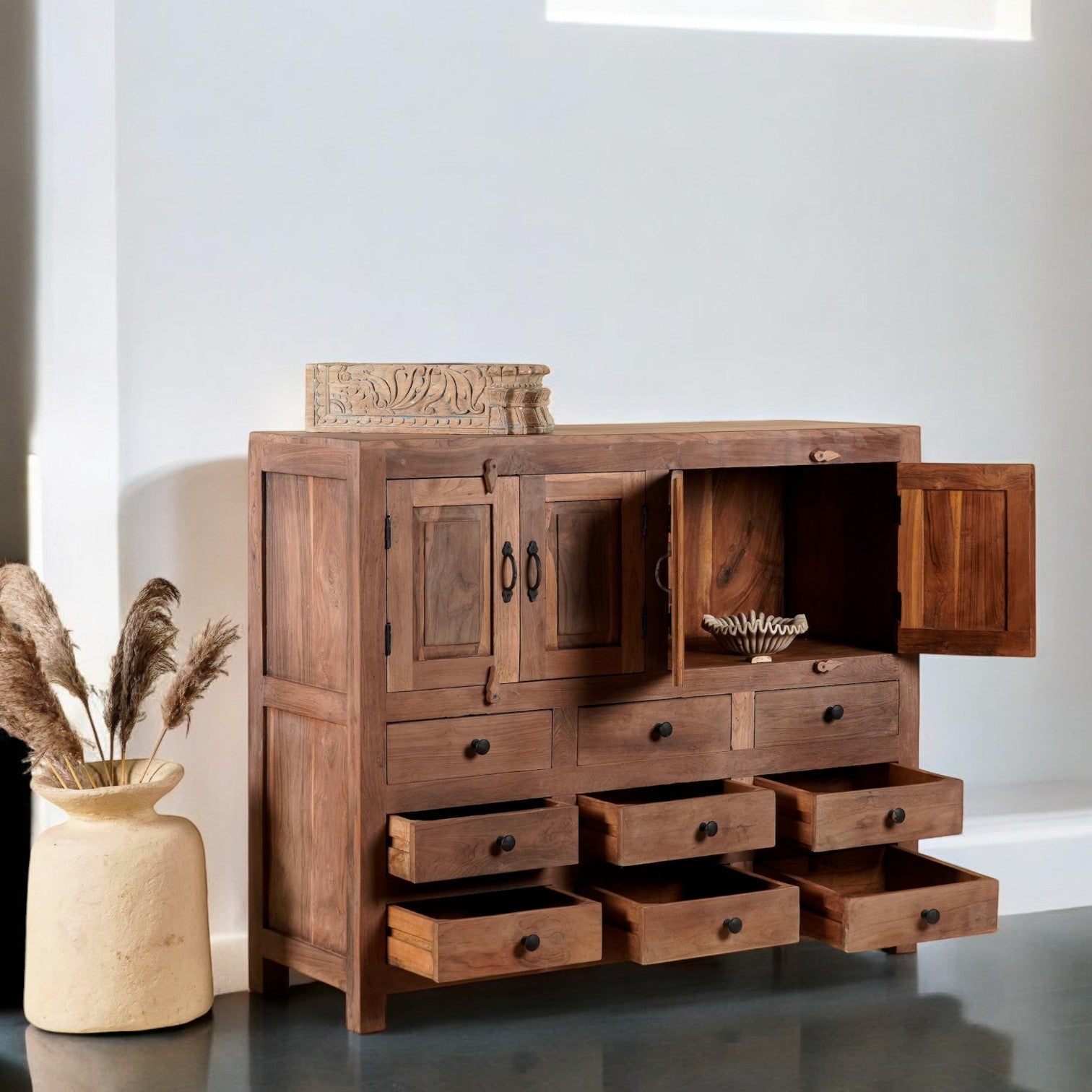 Solid Wood Storage Cabinet with Multi-Drawer and Double-Door Design - DOBRI ARTS AU