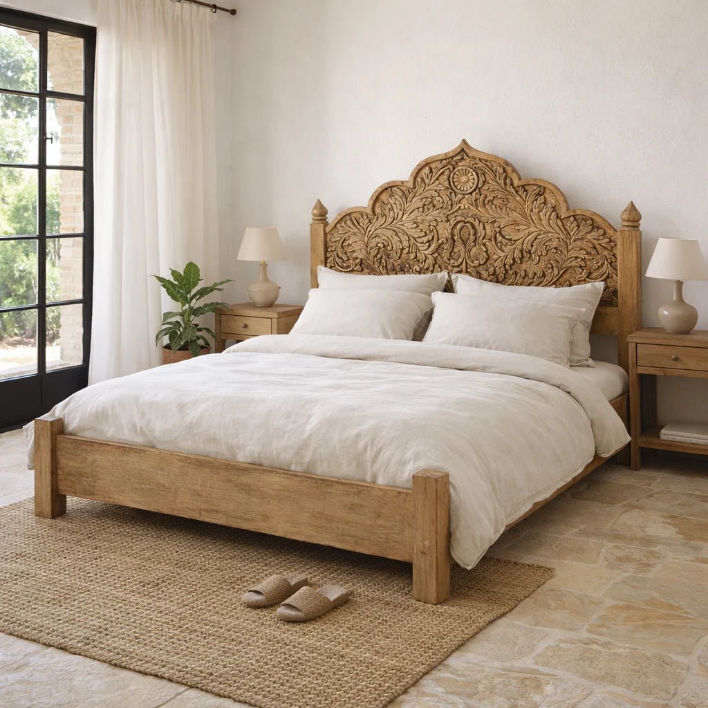 Solmira Hand-Carved Mango Wood Bed (King Size) - DOBRI ARTS AU