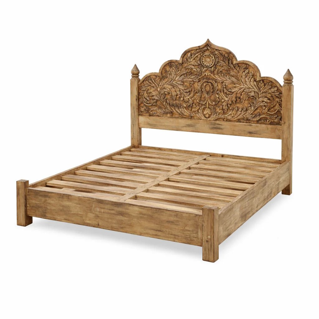 Solmira Hand-Carved Mango Wood Bed (King Size) - DOBRI ARTS AU