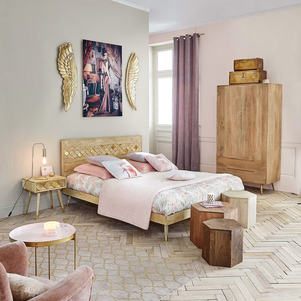 Sorella Natural Mango Wood Bed – Geometric Inlay Headboard Platform Bed Frame with Mid Century Tapered Legs - DOBRI ARTS AU