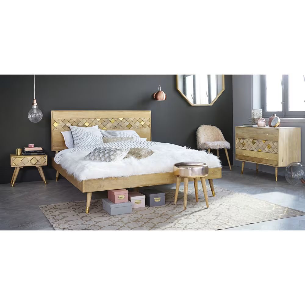Sorella Natural Mango Wood Bed – Geometric Inlay Headboard Platform Bed Frame with Mid Century Tapered Legs - DOBRI ARTS AU