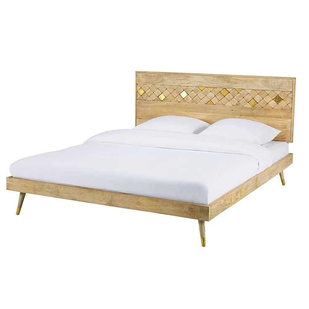 Sorella Natural Mango Wood Bed – Geometric Inlay Headboard Platform Bed Frame with Mid Century Tapered Legs - DOBRI ARTS AU
