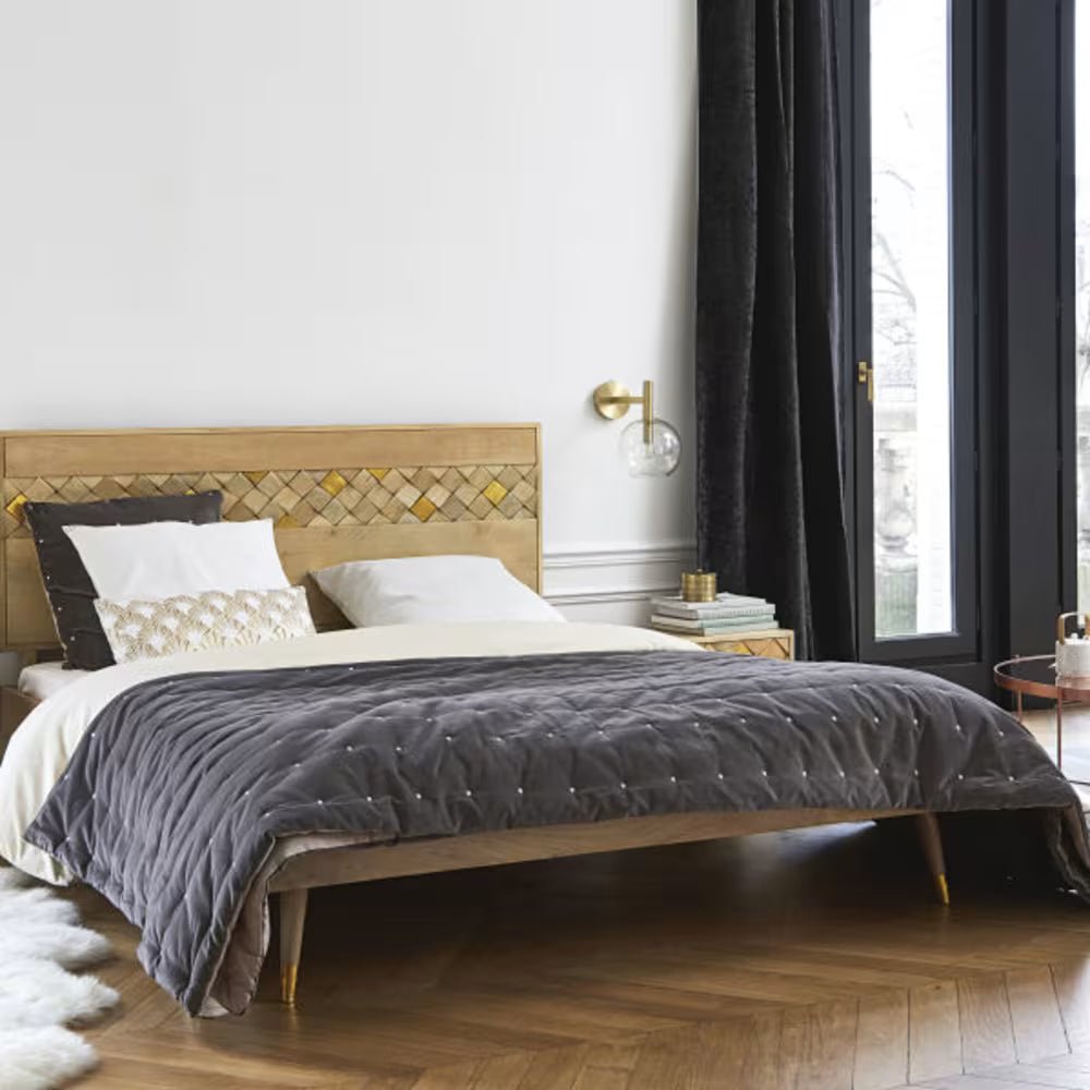 Sorella Natural Mango Wood Bed – Geometric Inlay Headboard Platform Bed Frame with Mid Century Tapered Legs - DOBRI ARTS AU