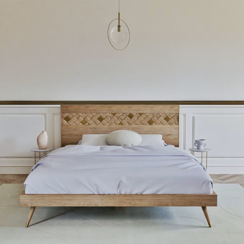Sorella Natural Mango Wood Bed – Geometric Inlay Headboard Platform Bed Frame with Mid Century Tapered Legs - DOBRI ARTS AU