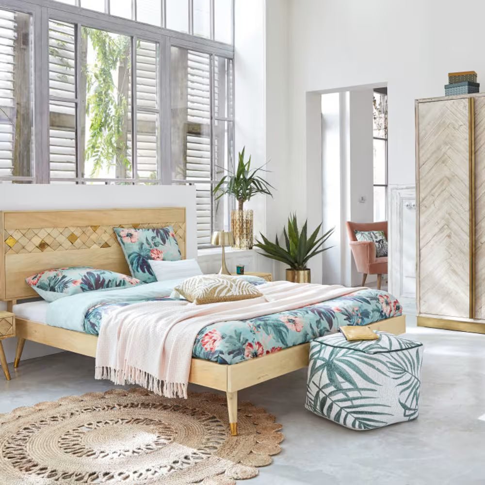 Sorella Natural Mango Wood Bed – Geometric Inlay Headboard Platform Bed Frame with Mid Century Tapered Legs - DOBRI ARTS AU