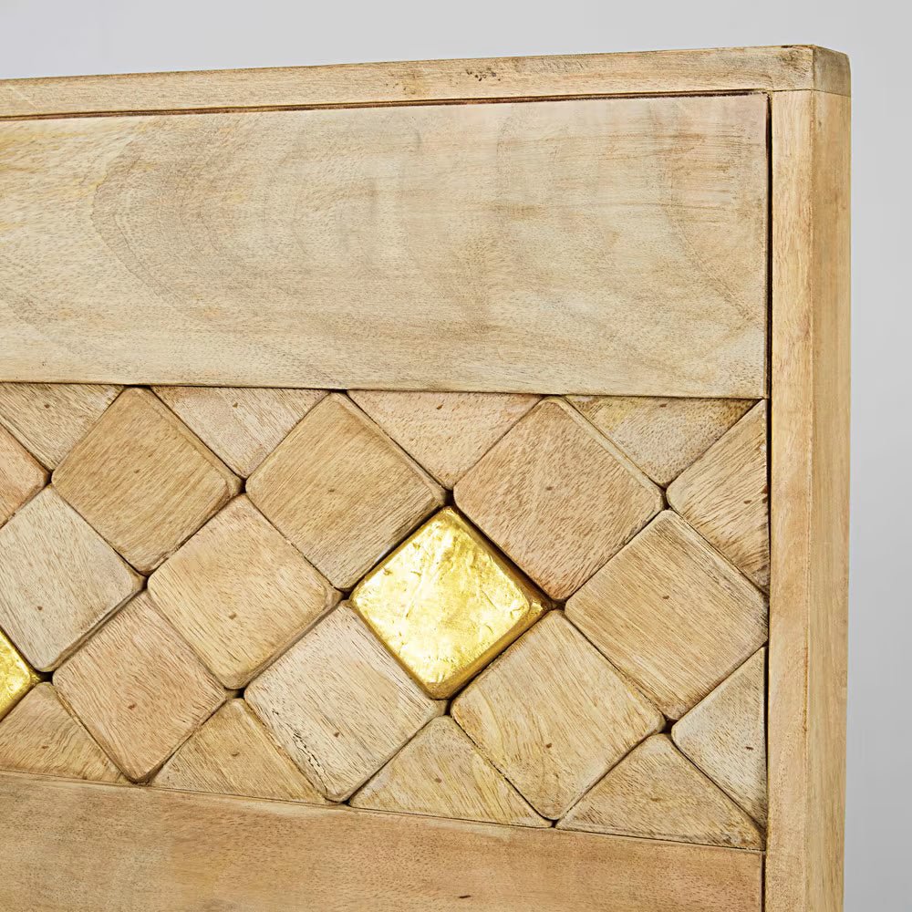 Sorella Natural Mango Wood Bed – Geometric Inlay Headboard Platform Bed Frame with Mid Century Tapered Legs - DOBRI ARTS AU