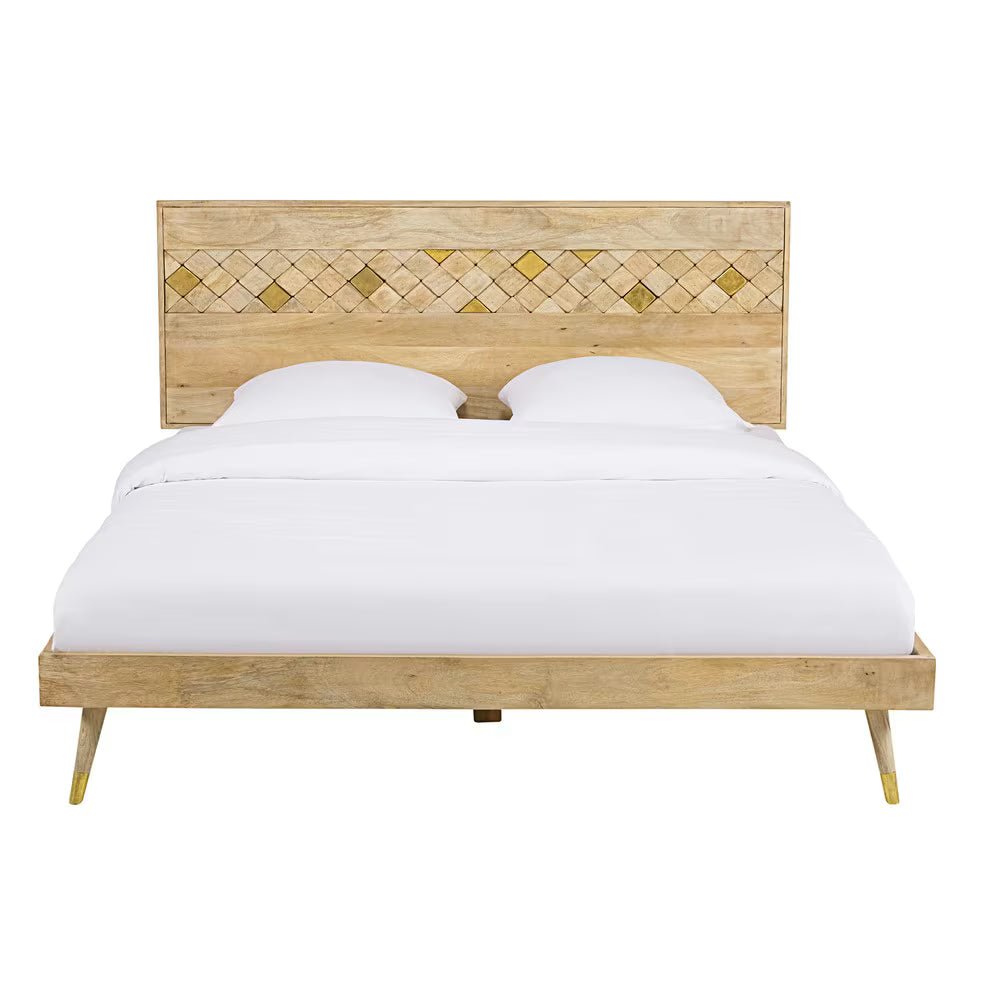 Sorella Natural Mango Wood Bed – Geometric Inlay Headboard Platform Bed Frame with Mid Century Tapered Legs - DOBRI ARTS AU