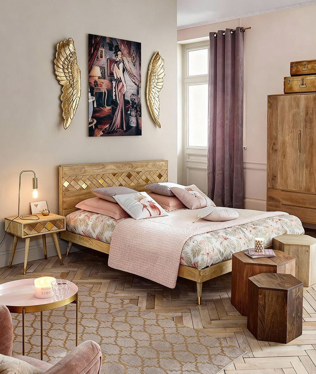 Sorella Natural Mango Wood Bed – Geometric Inlay Headboard Platform Bed Frame with Mid Century Tapered Legs - DOBRI ARTS AU
