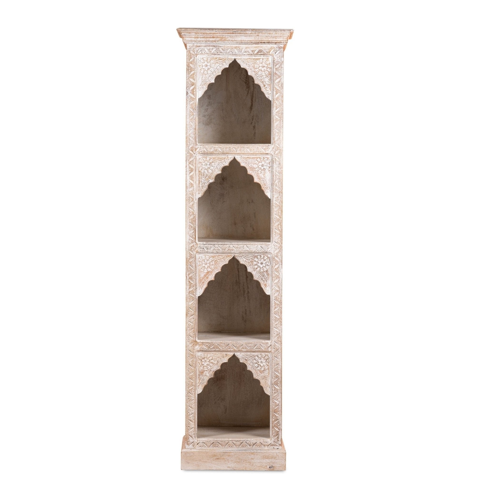 Tall Hand-Carved Whitewashed Arch Display Shelf with Four Niches - DOBRI ARTS AU