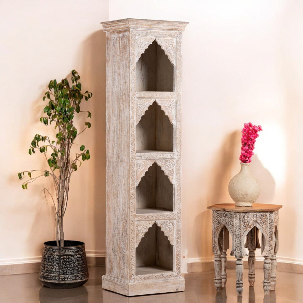 Tall Hand-Carved Whitewashed Arch Display Shelf with Four Niches - DOBRI ARTS AU
