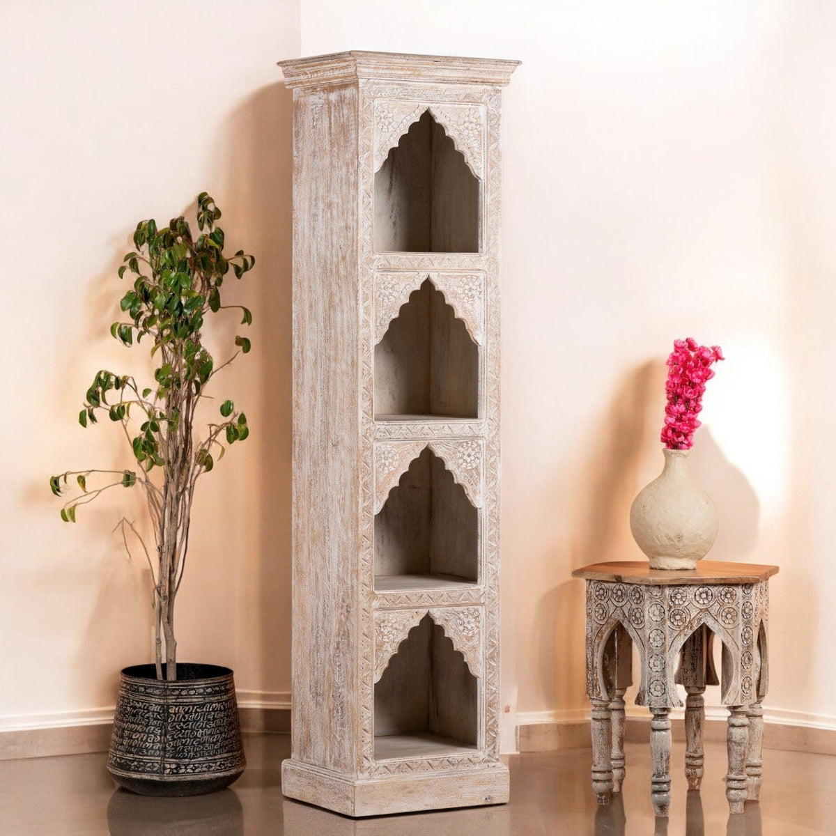 Tall Hand-Carved Whitewashed Arch Display Shelf with Four Niches - DOBRI ARTS AU