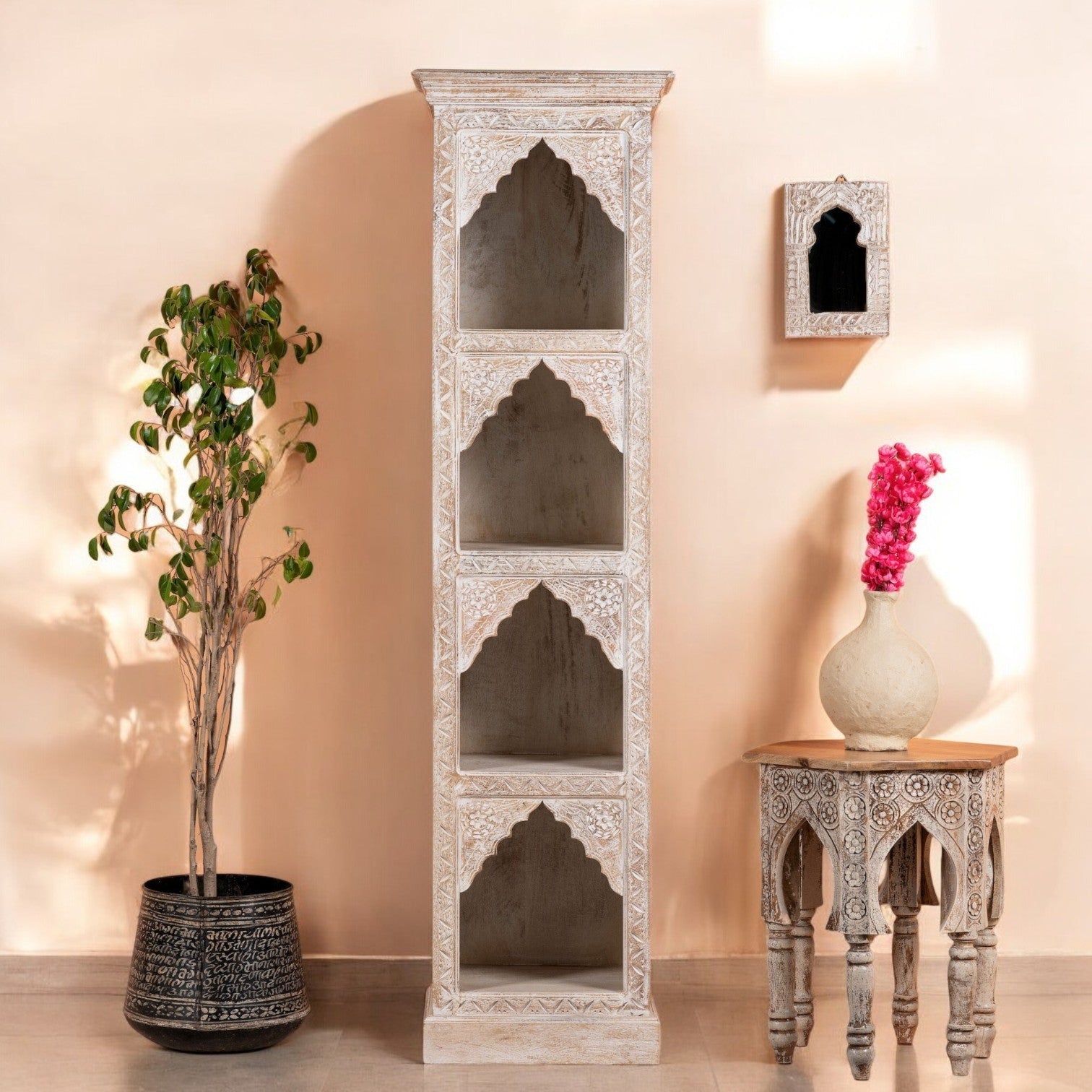 Tall Hand-Carved Whitewashed Arch Display Shelf with Four Niches - DOBRI ARTS AU