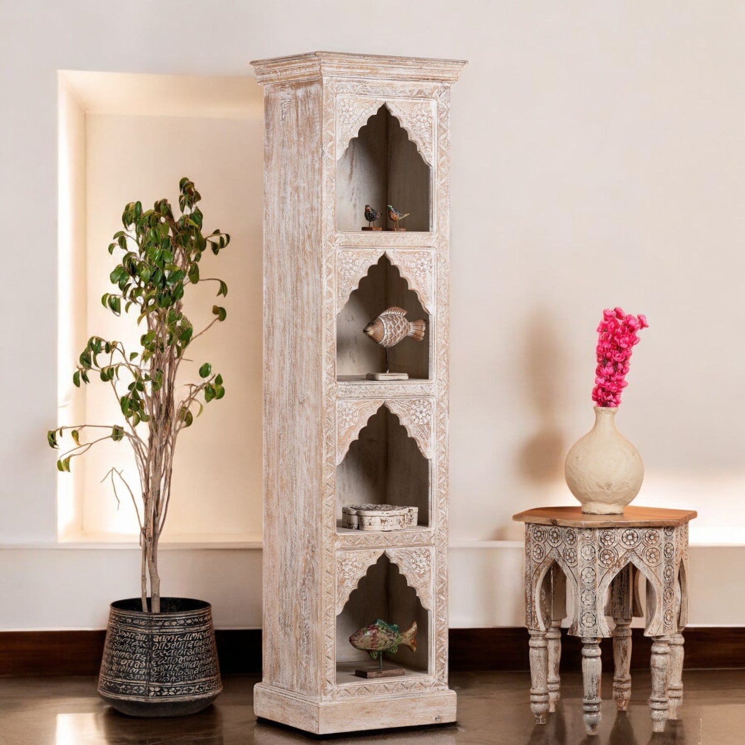 Tall Hand-Carved Whitewashed Arch Display Shelf with Four Niches - DOBRI ARTS AU