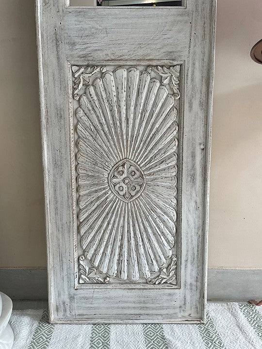 Tall Hand-Carved Whitewashed Wooden Floor Mirror with Sunburst Panel - DOBRI ARTS AU