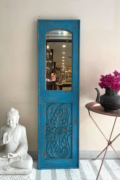 Tall Hand-Carved Whitewashed Wooden Floor Mirror with Sunburst Panel - DOBRI ARTS AU