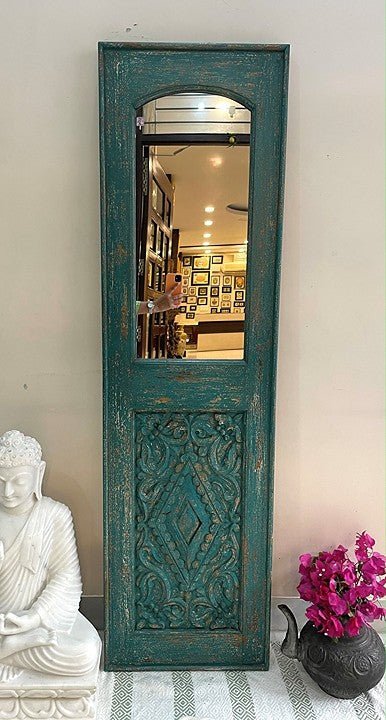 Tall Hand-Carved Whitewashed Wooden Floor Mirror with Sunburst Panel - DOBRI ARTS AU