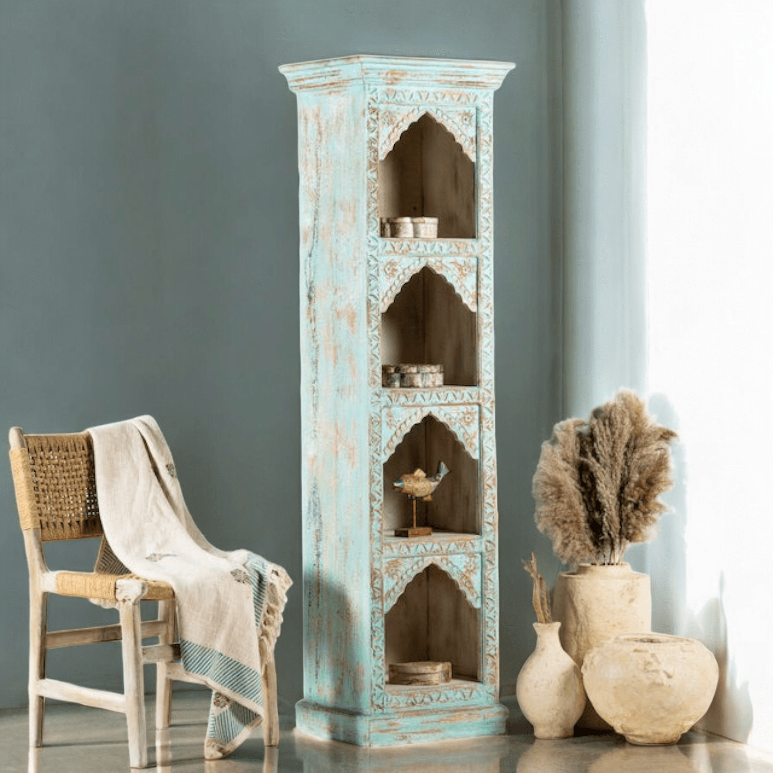 Tall Turquoise Distressed Hand-Carved Display Shelf with Arched Niches - DOBRI ARTS AU